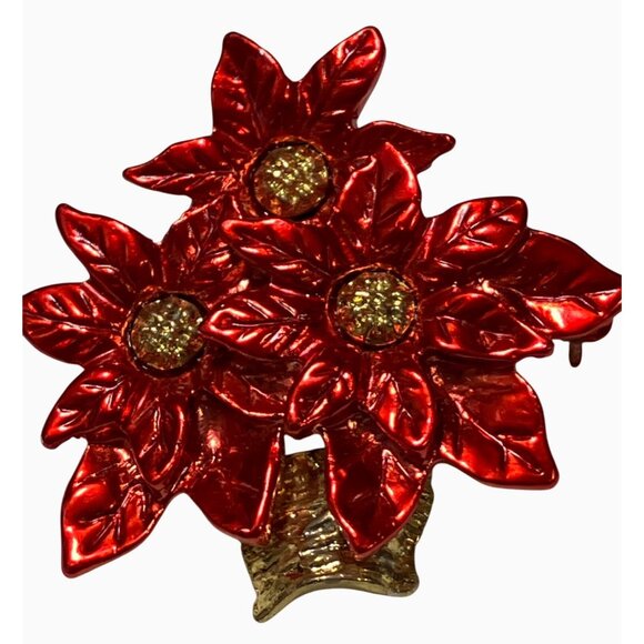 Red Poinsettia Flower Brooch Pin Gold-Tone Metal Festive Holiday Jewelry - Picture 2 of 8
